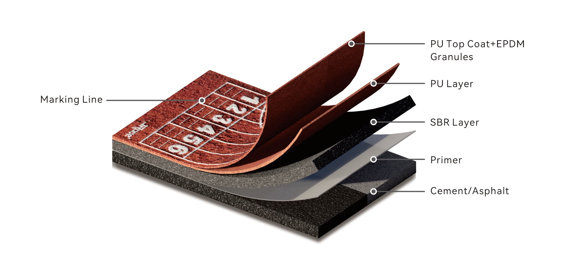 Cutaway of the SW Track build, from the bottom up: cement or asphalt base, primer, SBR layer, PU layer, PU top coat with EPDM granules, and marking line.